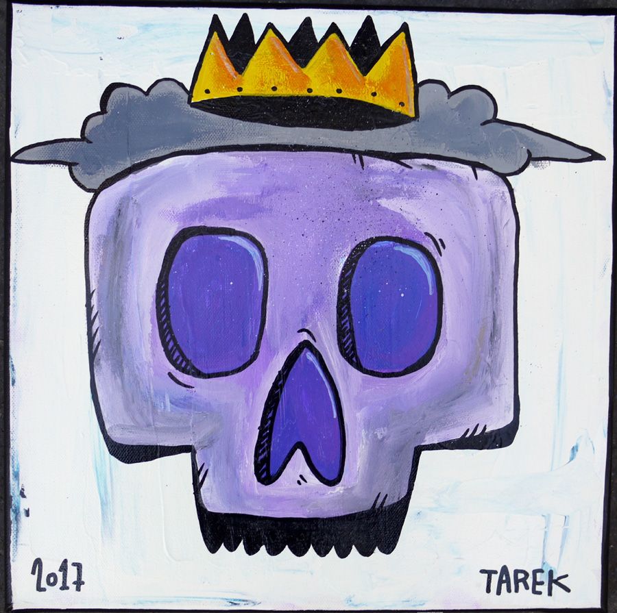 Peinture petit format ORANGE VIOLET COURONNE – TAREK – 30 × 30 cm