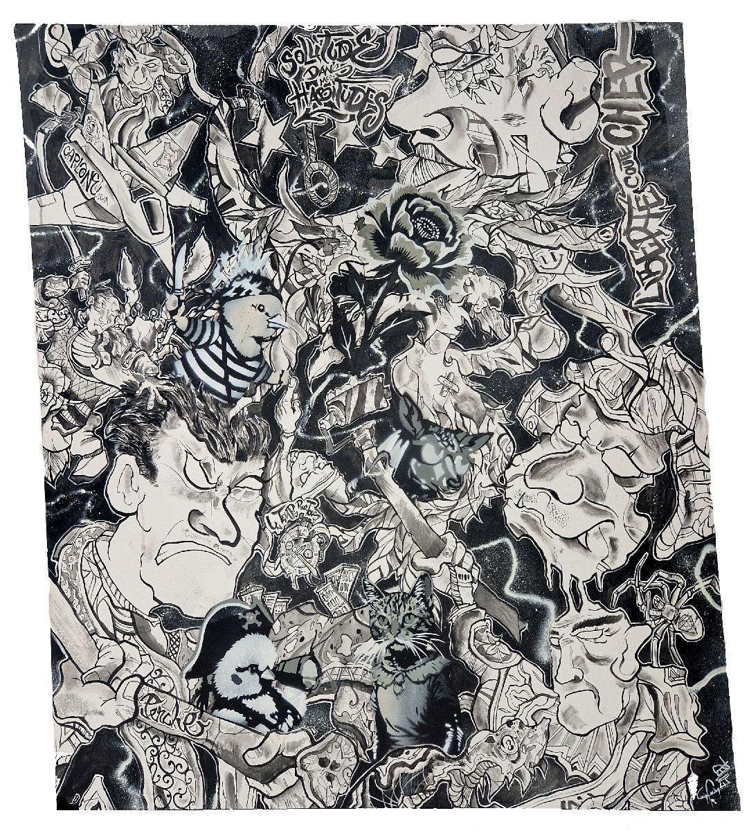 Peinture street art grand format blanc et noir Quadriptère - Cat edit – CRAIG & EMAR – 109 × 90 cm