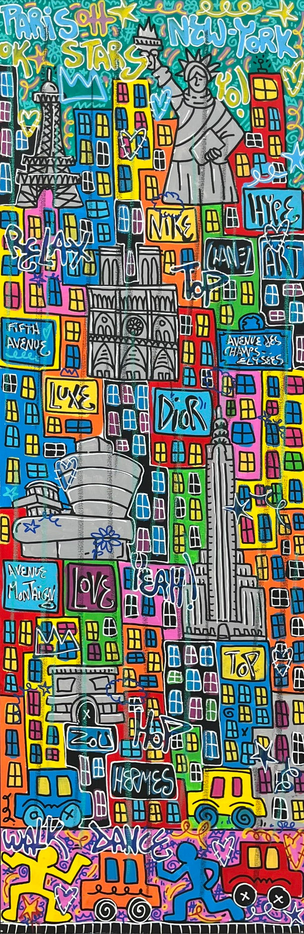 Peinture street art grand format NEW YORK PARIS – RICO SAB – 150 × 50 cm