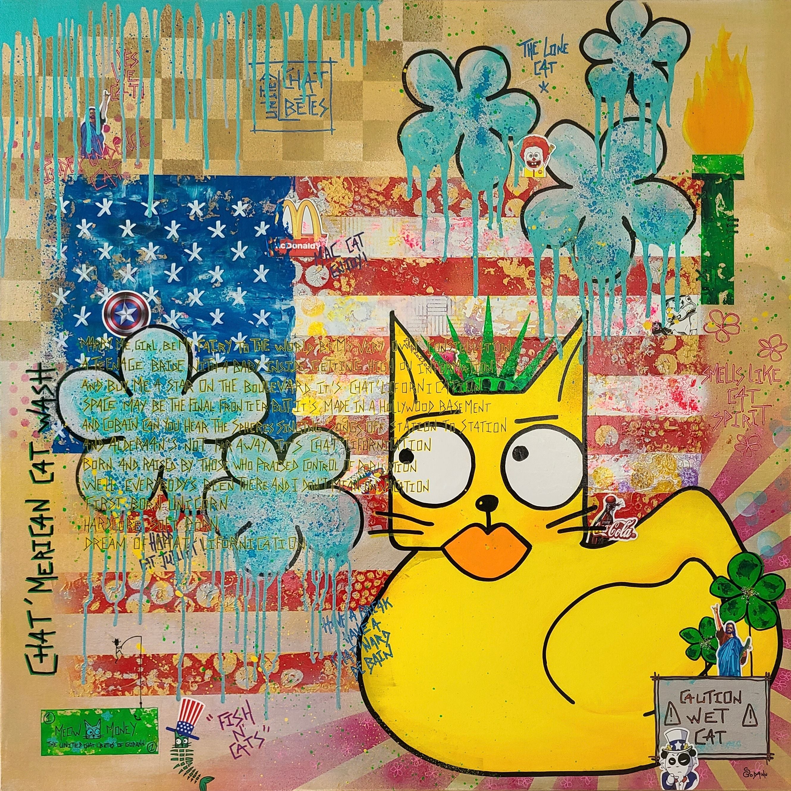 Peinture street art grand format Chat'merican Cat Wash – Stephanie Godann – 100 × 100 cm