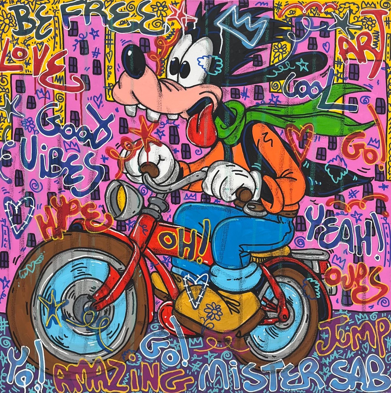 Peinture street art grand format vert et violet Krazy Dingo – RICO SAB – 80 × 80 cm