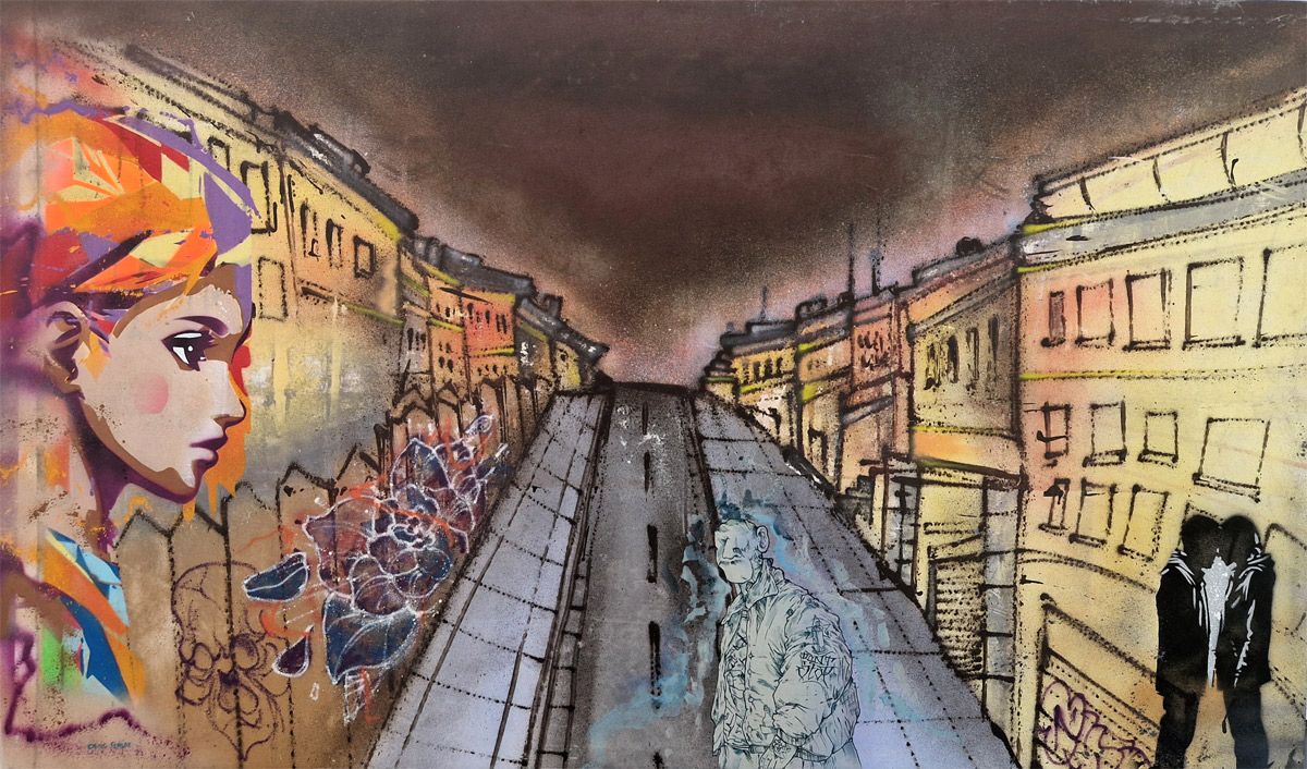 Peinture street art grande taille Au bout de la rue – Craig & Emer – 130 × 76 cm