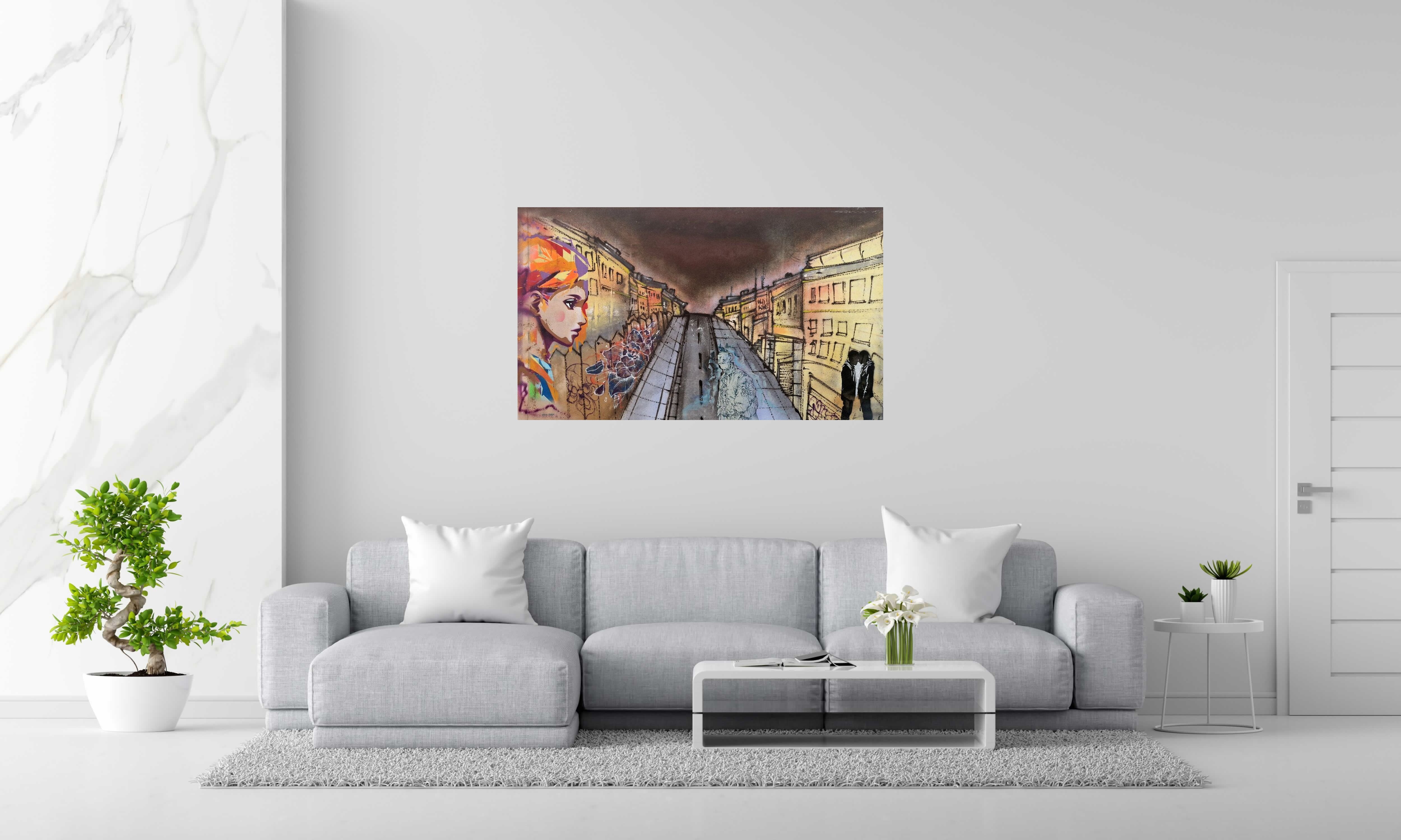 Peinture Au bout de la rue de Craig & Emer dans un intérieur – 130 × 76 cm