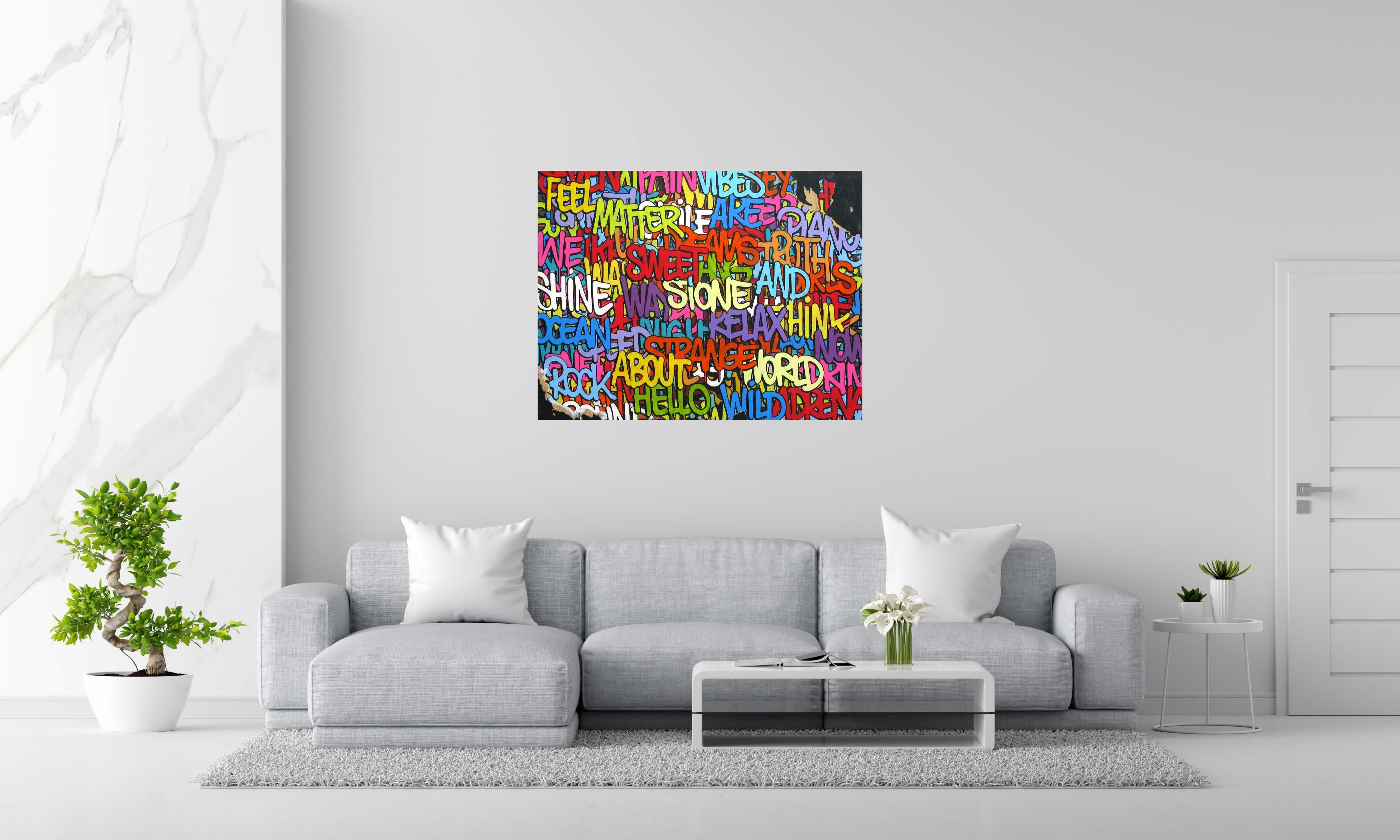 Peinture We shine de EL GATO S. dans un intérieur – 116 × 89 cm