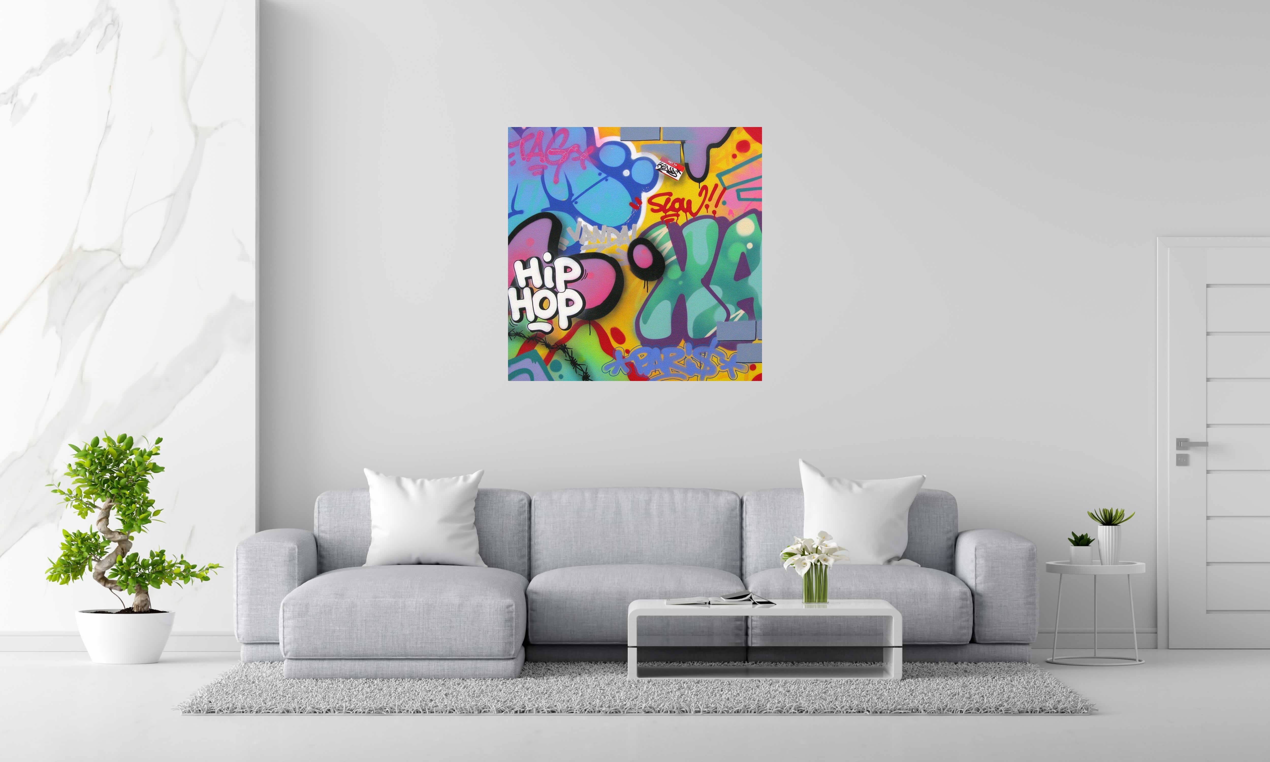 Peinture HIP HOP de KENY dans un intérieur – 100 × 100 cm