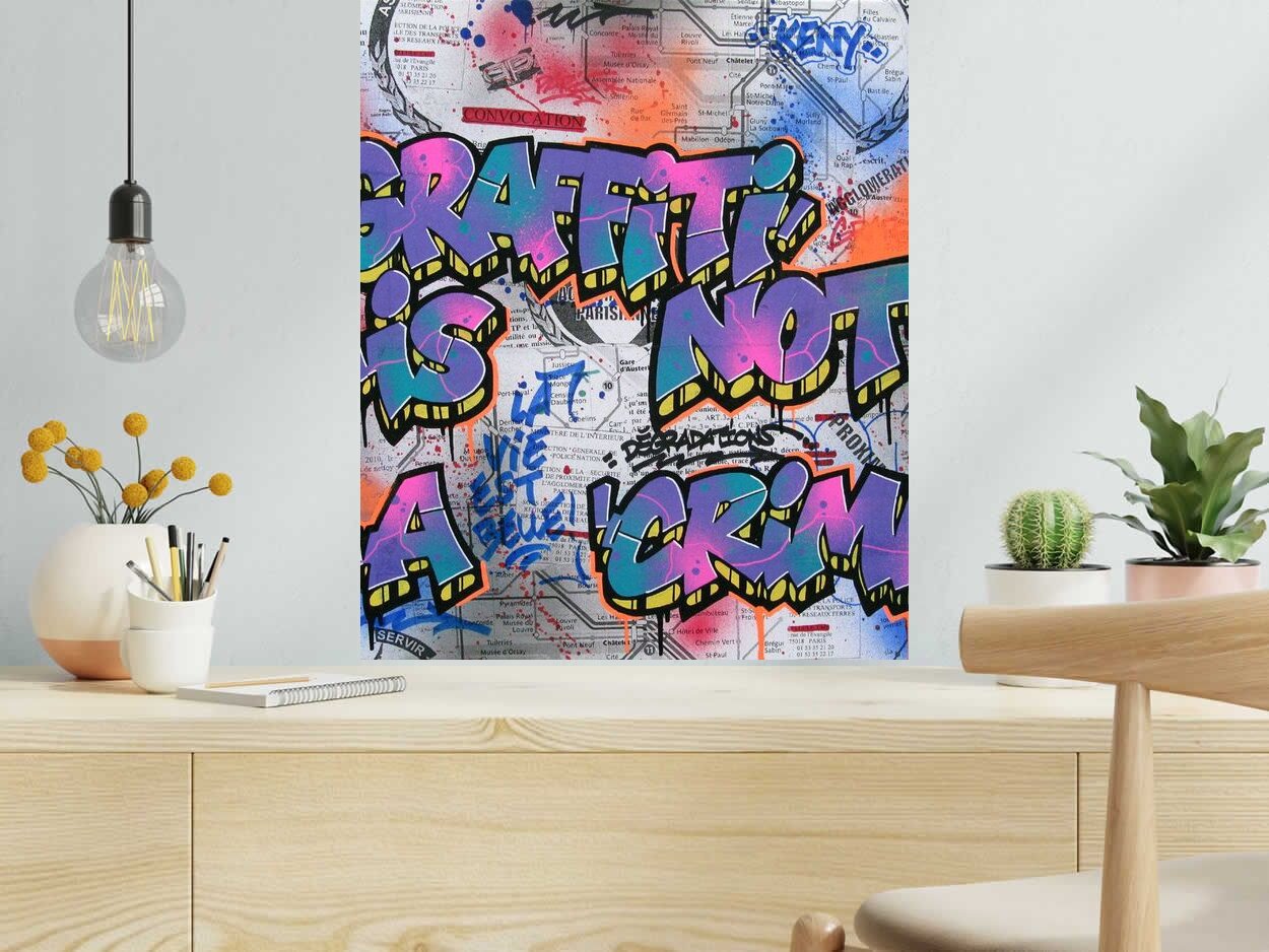 Peinture GRAFFITI IS NOT A CRIME de KENY dans un intérieur – 54 × 65 cm