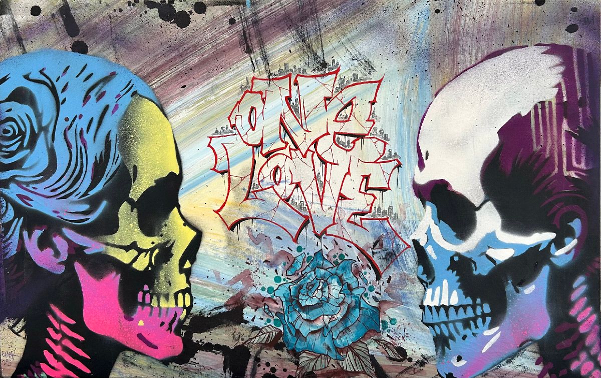 Peinture street art petit format jaune et mauve One love – Craig & Emer – 60 × 38 cm