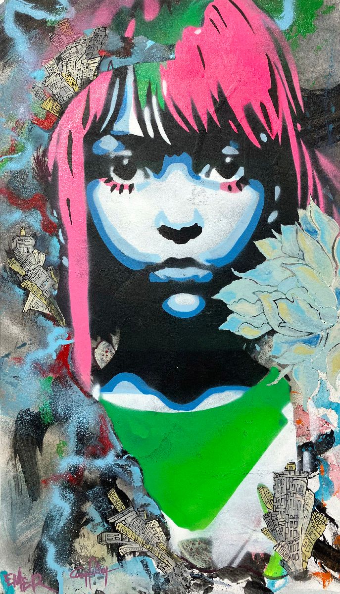 Peinture street art petit format rose et vert De l'autre coté – Craig & Emer – 56 × 32 cm