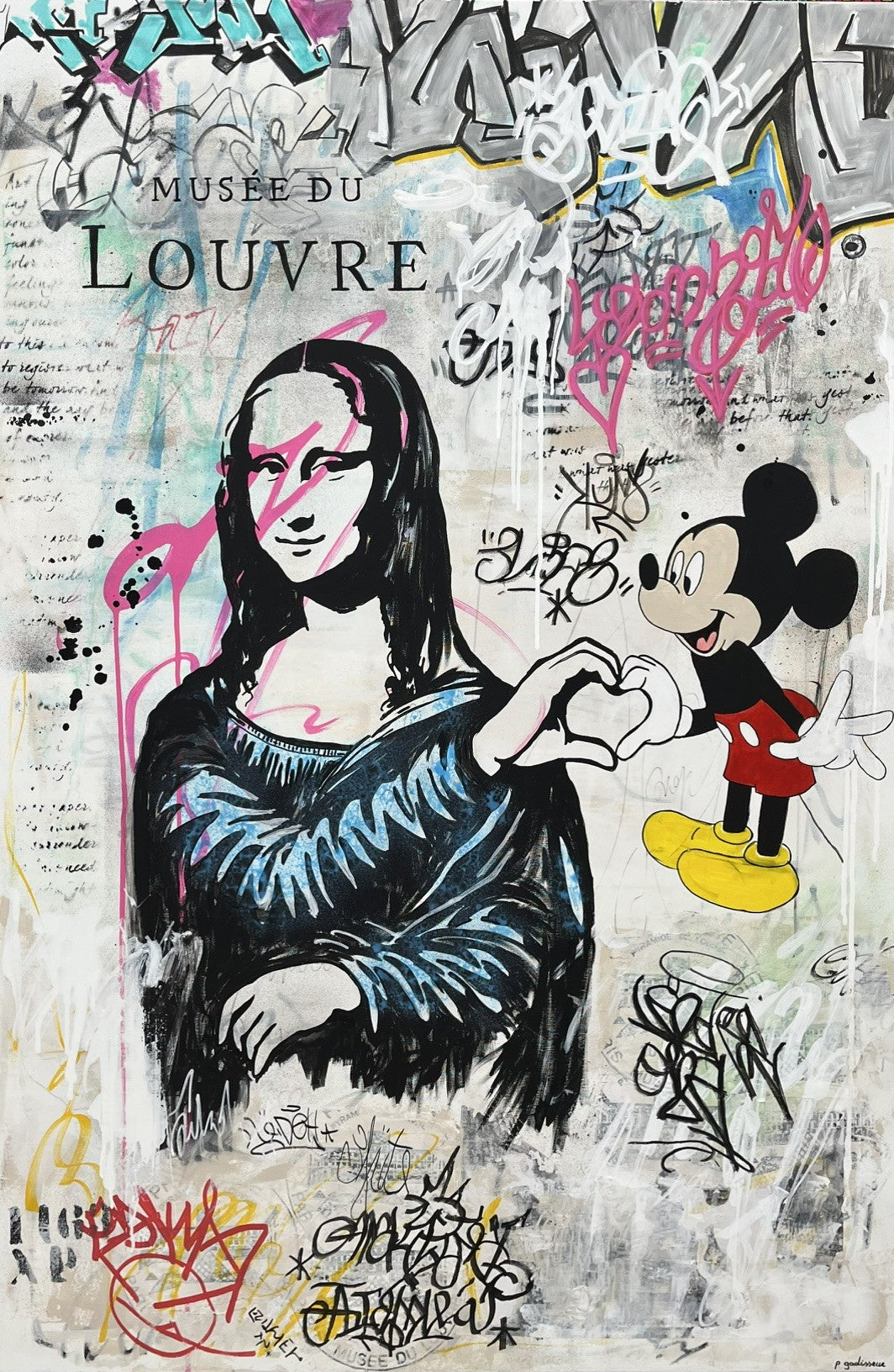 Peinture street art très grand format blanc et noir Musée du Louvre – PATRICIA GADISSEUR – 150 × 100 cm
