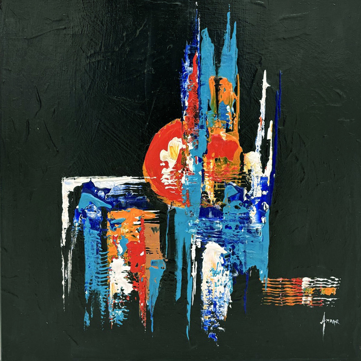peinture abstraite acrylique noire sur toile de Farid Amrar, 40 x 40 cm
