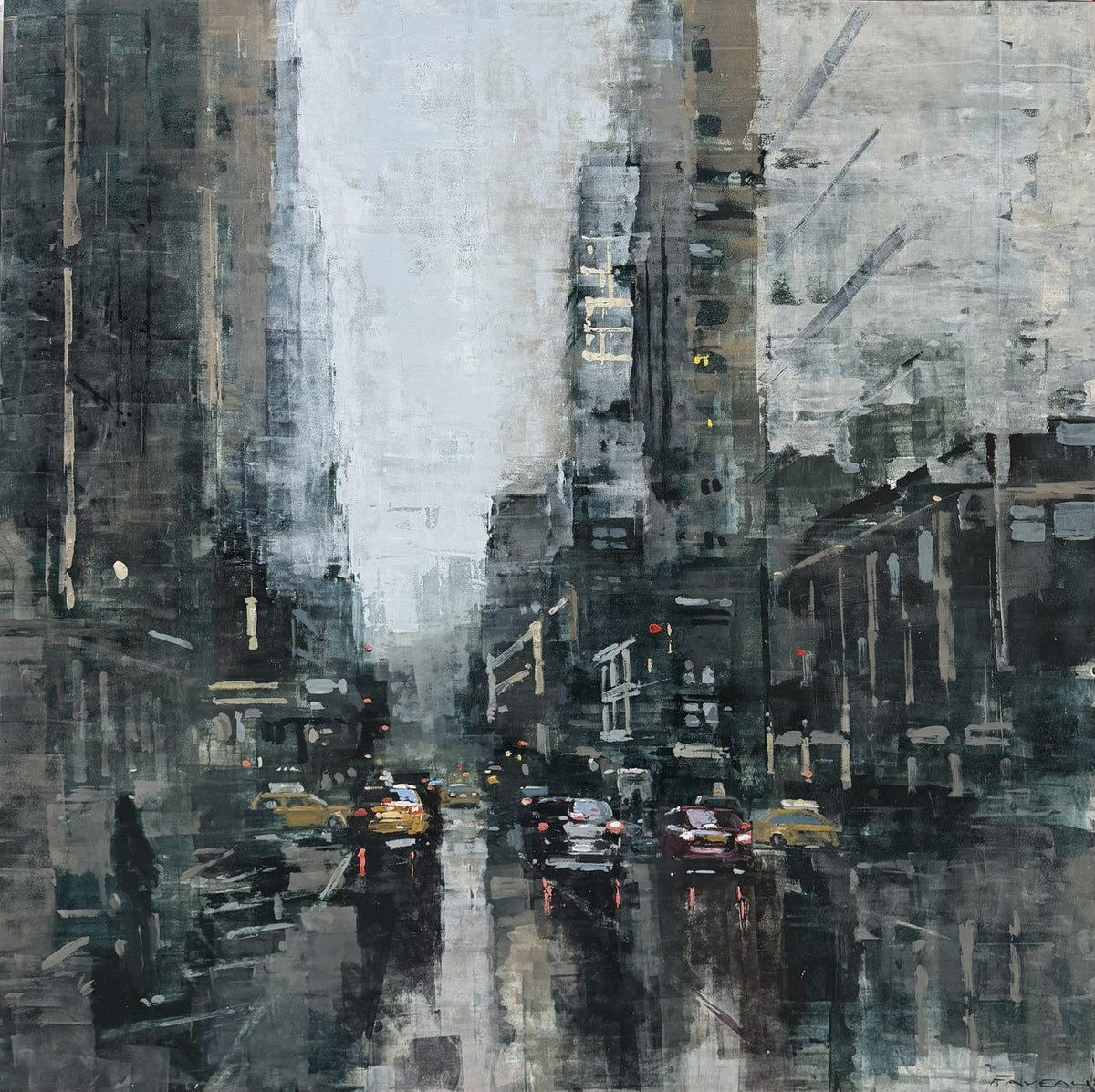 Peinture à l'huile sur bois représentant Manhattan le soir, format 100 x 100 cm, par Adrien Faveau