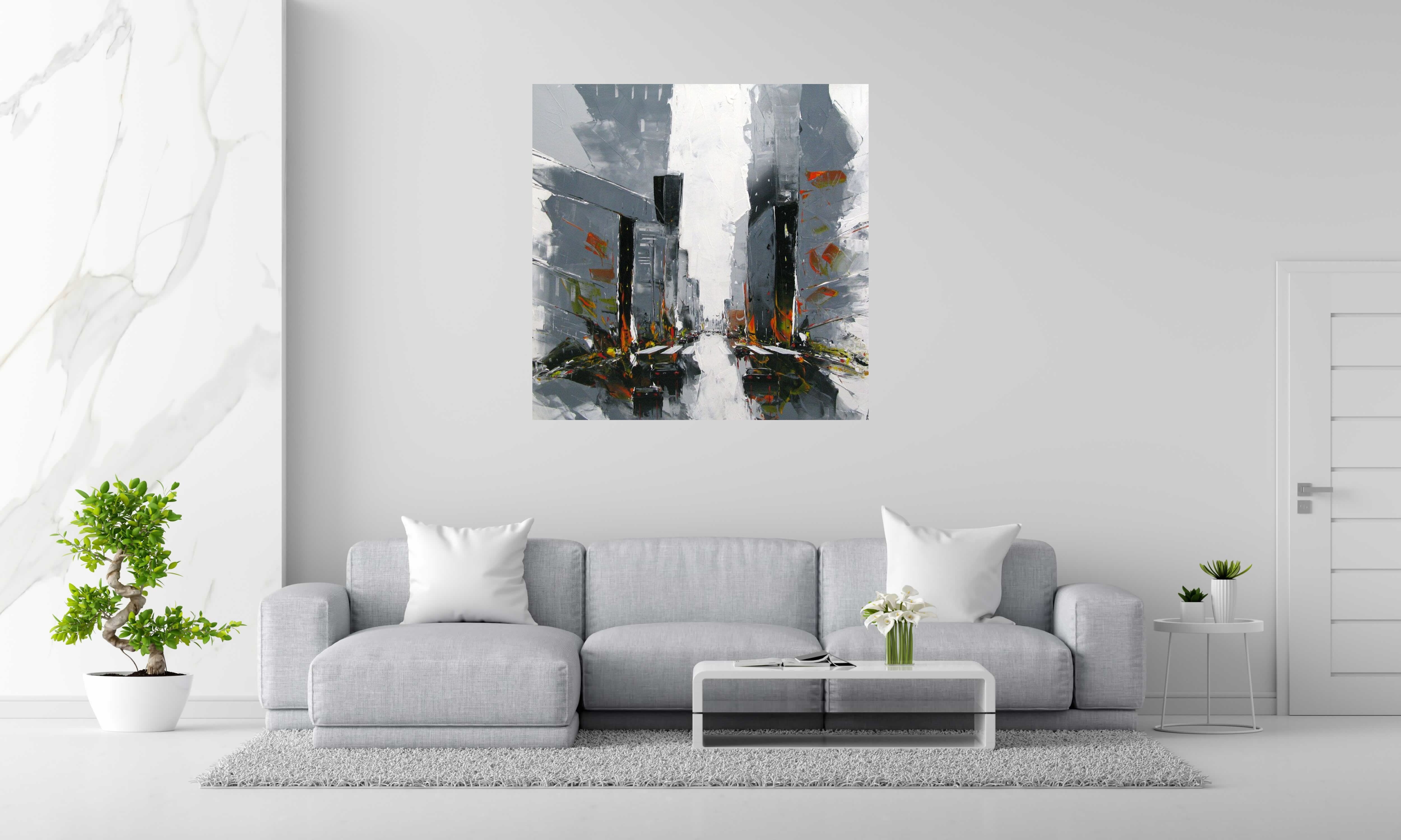 Peinture CITY A de F. BOUTET dans un intérieur – 120 × 120 cm
