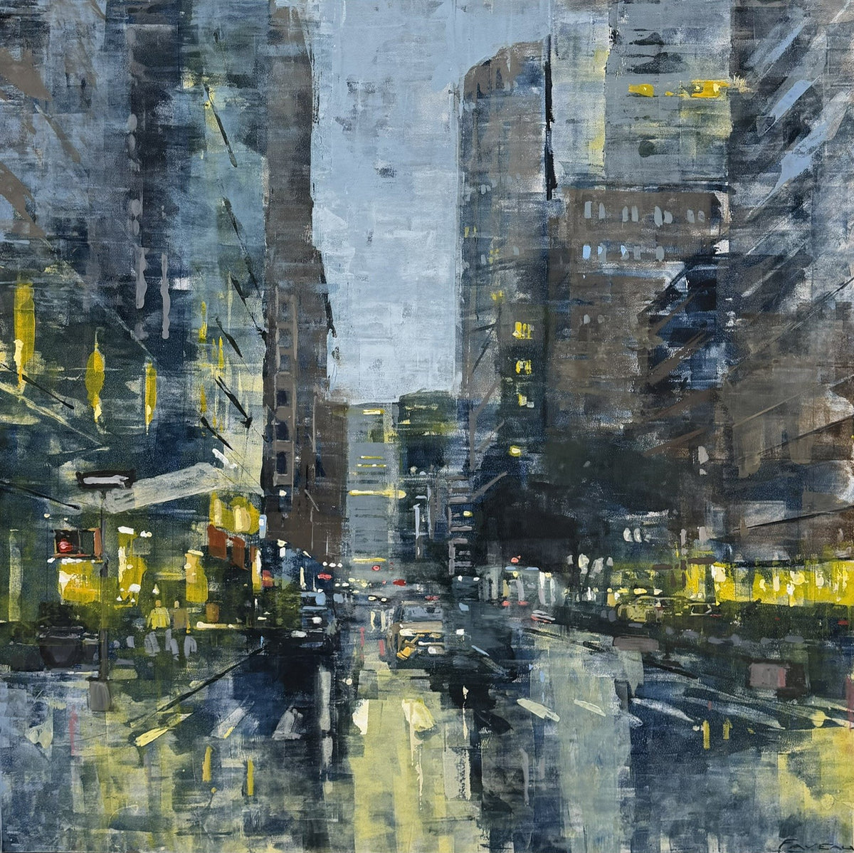 Peinture figurative à l'huile sur bois représentant une ville, bleu et jaune, 100 x 100 cm, Adrien Faveau