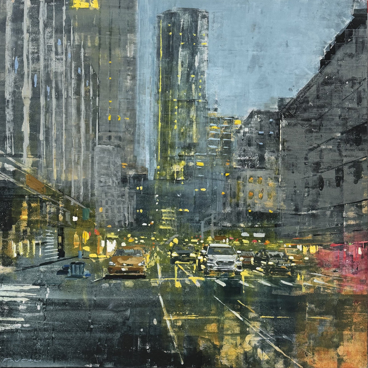 Peinture à l'huile sur bois représentant une ville, tons bleus et jaunes, 100 x 100 cm, Adrien Faveau