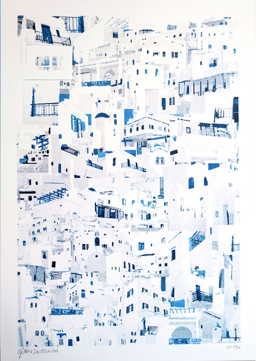 Risographie figuratif petit format blanc et bleu AMORGOS (GRECE) – GILLES INVERNIZZI – 30 × 40 cm