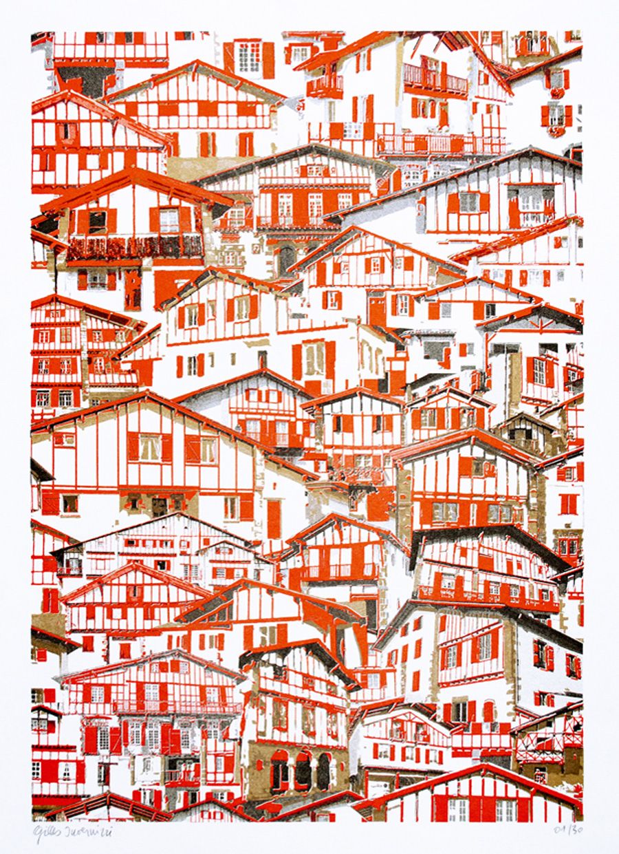 Risographie figuratif petit format blanc et rouge PAYS BASQUE (FRANCE) – GILLES INVERNIZZI – 30 × 40 cm