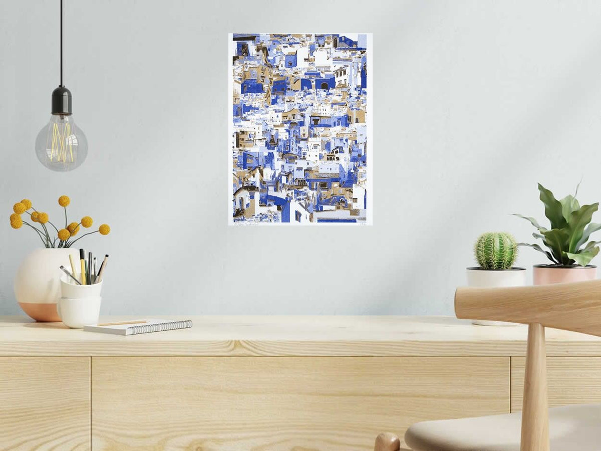 Risographie CHEFCHAOUEN (MAROC) de GILLES INVERNIZZI dans un intérieur – 30 × 40 cm