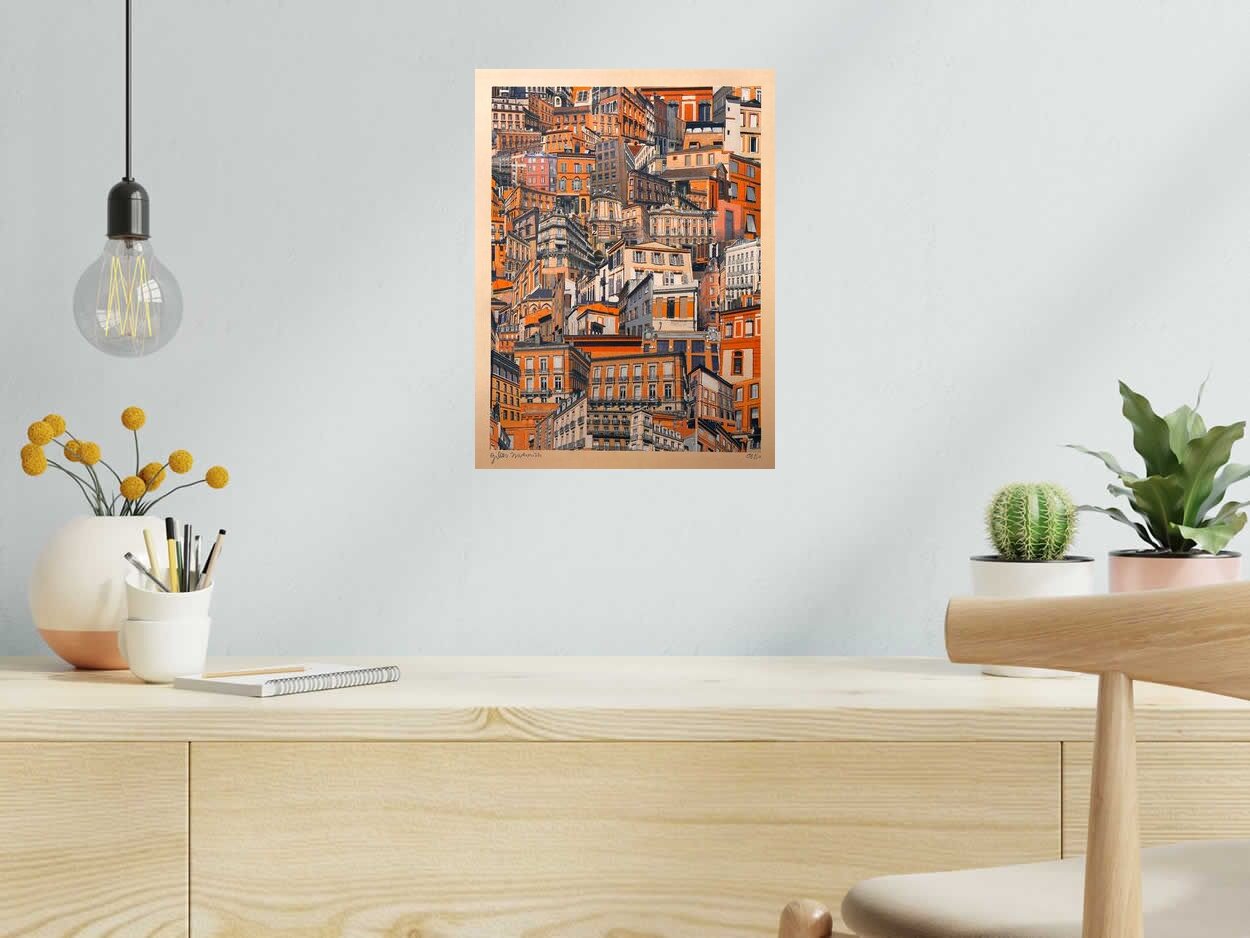 Risographie TOULOUSE ORANGE de GILLES INVERNIZZI dans un intérieur – 30 × 40 cm