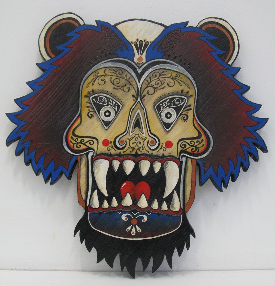 Sculpture figuratif petit format bleu et rouge MASQUE 3 – ALICIA COSTE – 35 × 35 cm