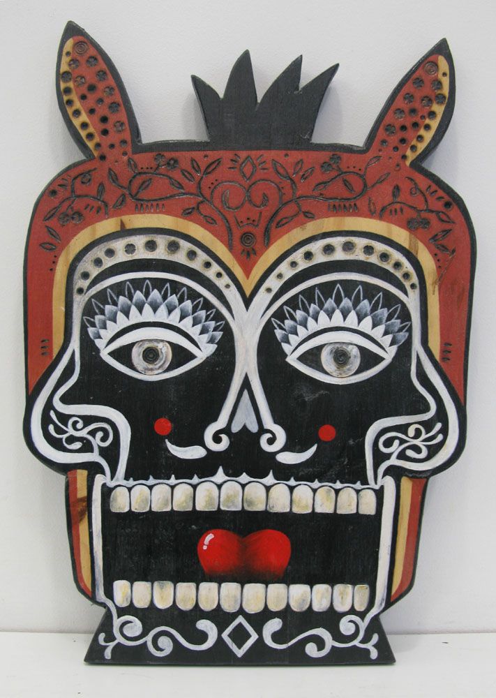 Sculpture figuratif petit format noir et rouge MASQUE 2 – ALICIA COSTE – 25 × 36 cm