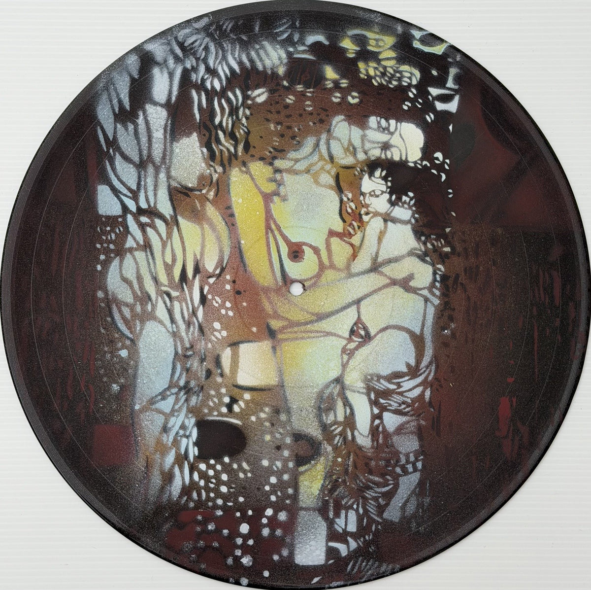 Sculpture street art au pochoir et aérosol sur vinyl, noir et jaune, 30 x 30 cm - Artiste Ouvrier, Les 3 âges