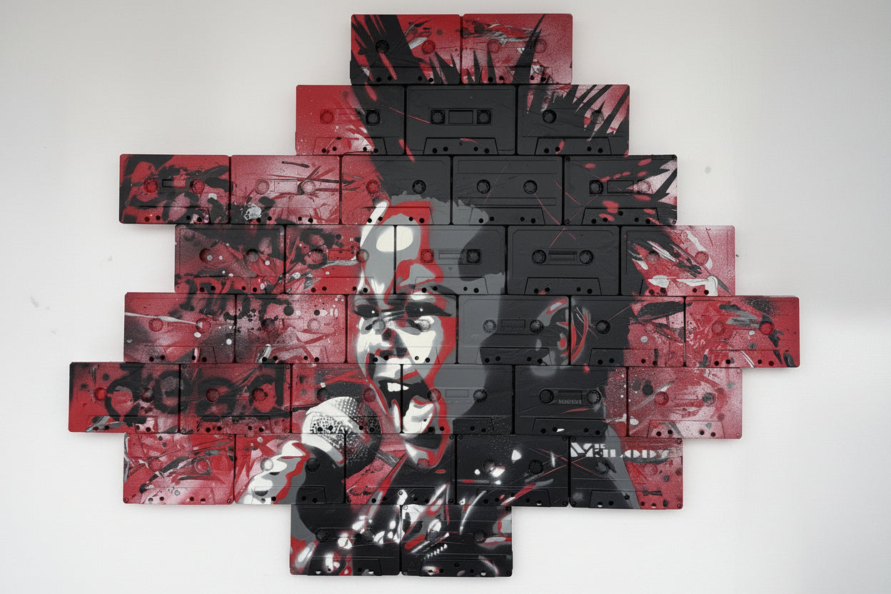Sculpture Punk is not dead de Mr Melody, réalisée à l'aérosol et techniques mixtes sur cassettes audio, 67 x 45 cm