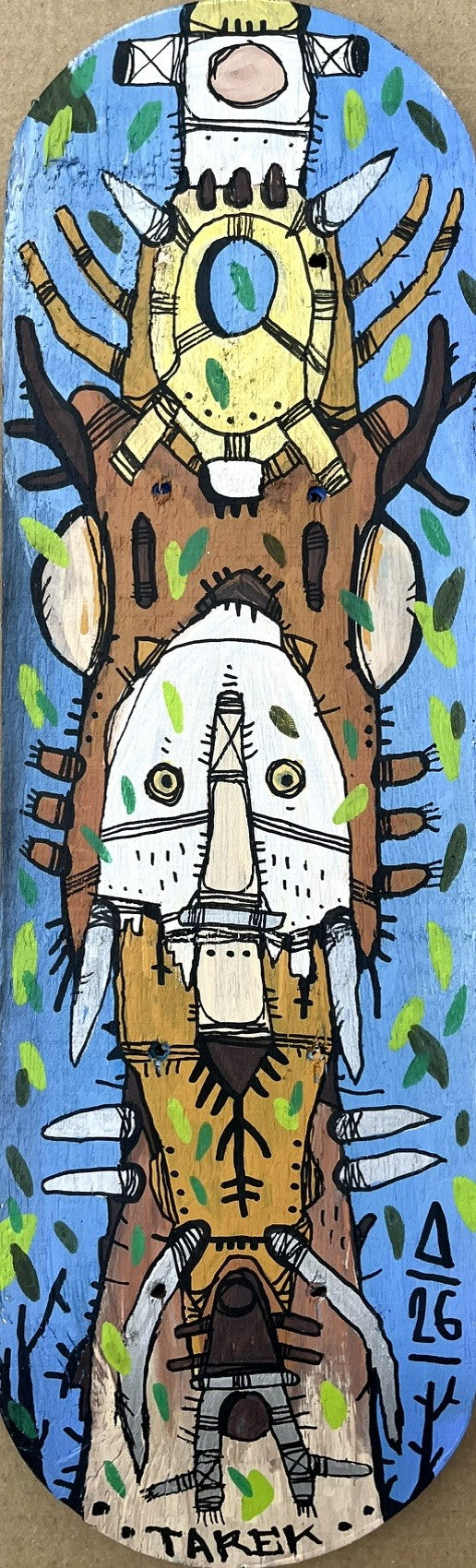 Sculpture street art petit format bleu Mini Skate totem – TAREK – 43 × 13 cm
