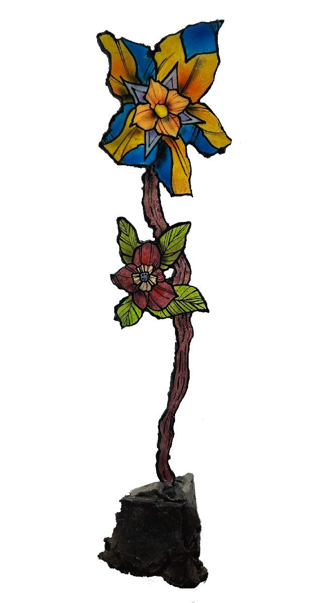 Sculpture de EMER a pour titre  Deux petites fleurs (jaune et bordeau) style graphique dim : EMERprix:180