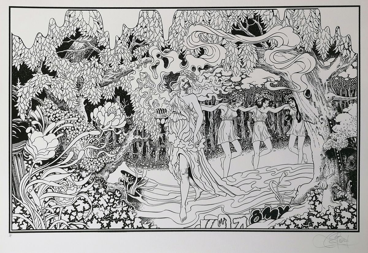 Serigraphie figuratif moyen format blanc et noir GHOSTS OF THE FOREST test BW – CHUCK SPERRY – 89 × 58 cm