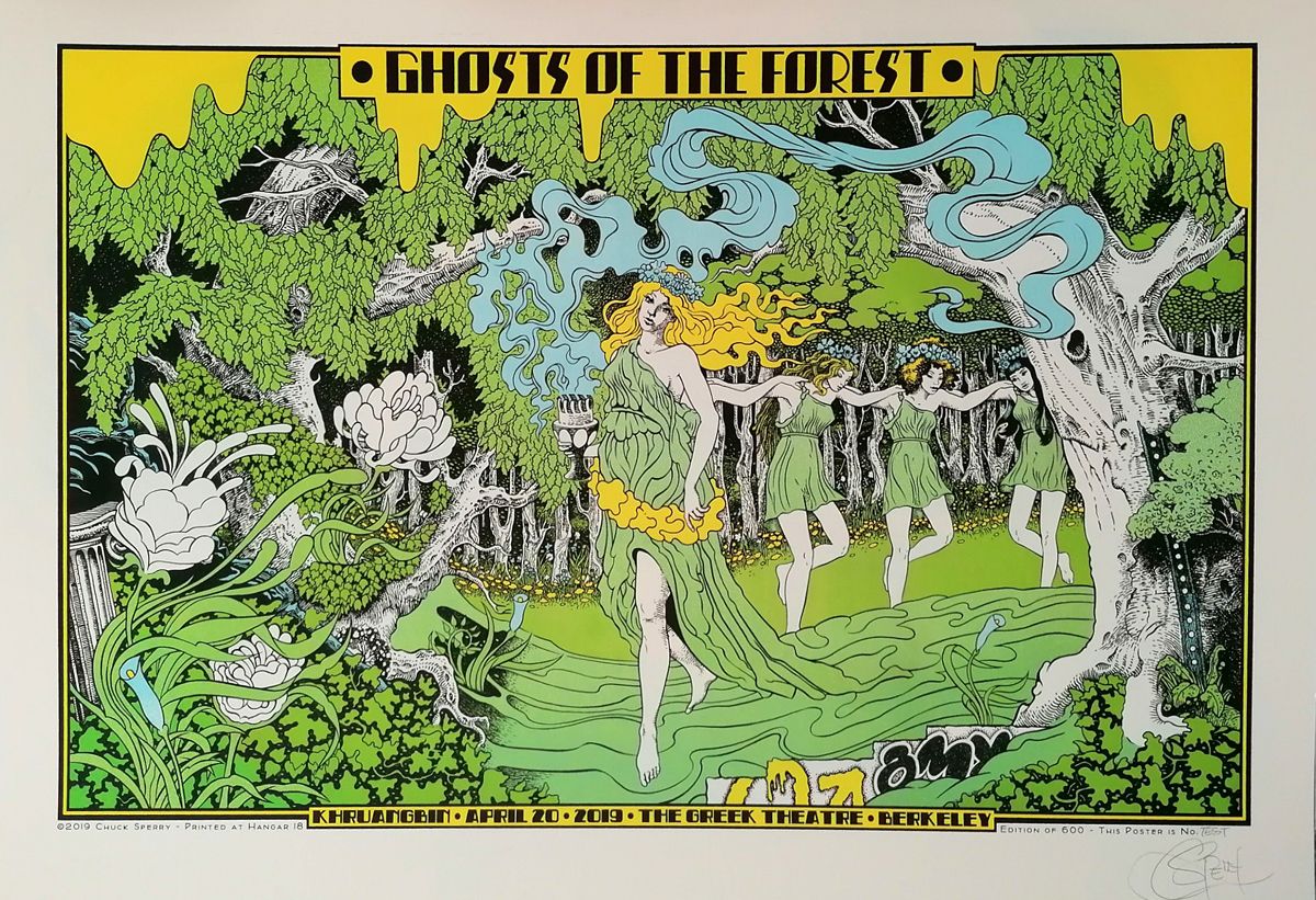 Serigraphie figuratif moyen format blanc et noir GHOSTS OF THE FOREST test multicouleurs – CHUCK SPERRY – 89 × 58 cm