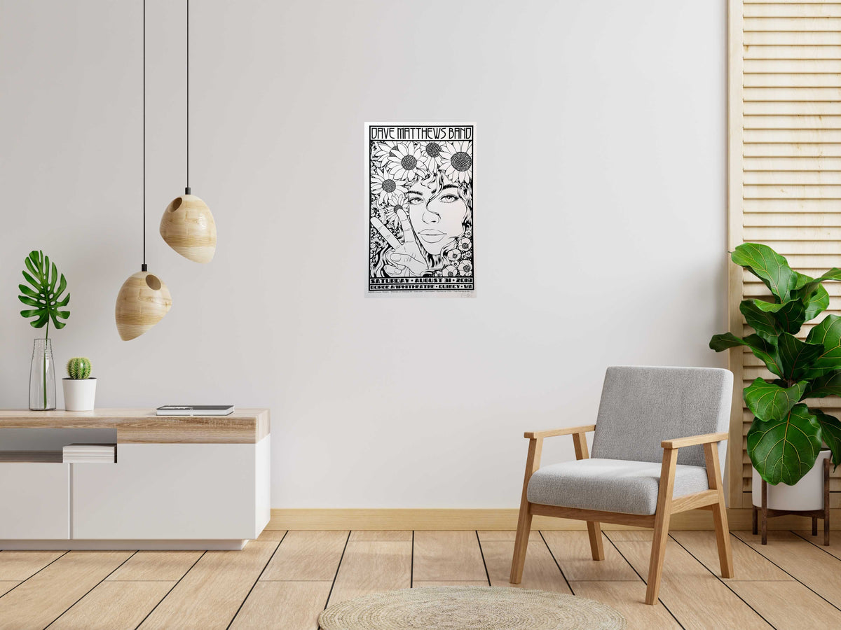 Serigraphie DAVE MATTHEWS HARMONIA test BW de CHUCK SPERRY dans un intérieur – 53 × 83 cm
