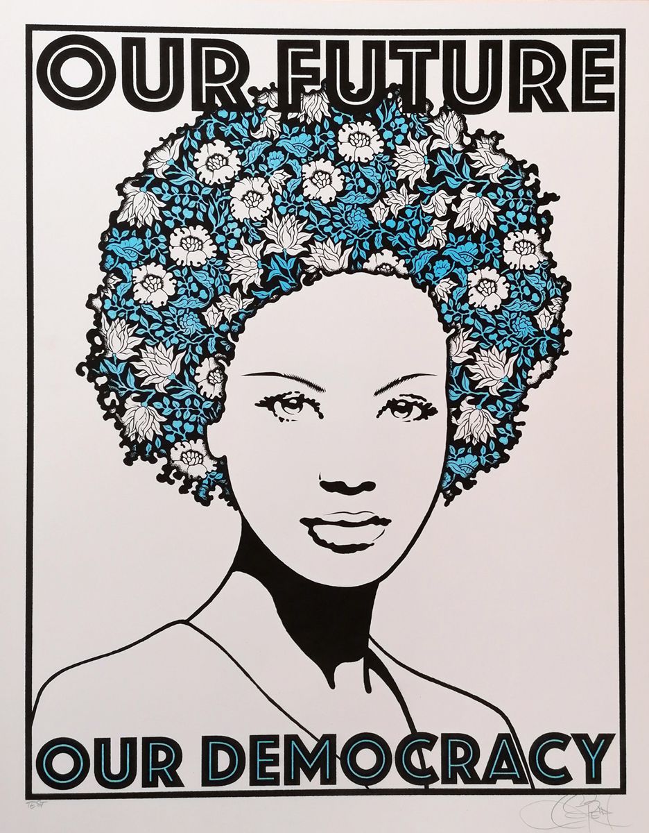 Serigraphie figuratif moyen format OUR FUTURE, OUR DEMOCRACY test bleu – CHUCK SPERRY – 53 × 68 cm