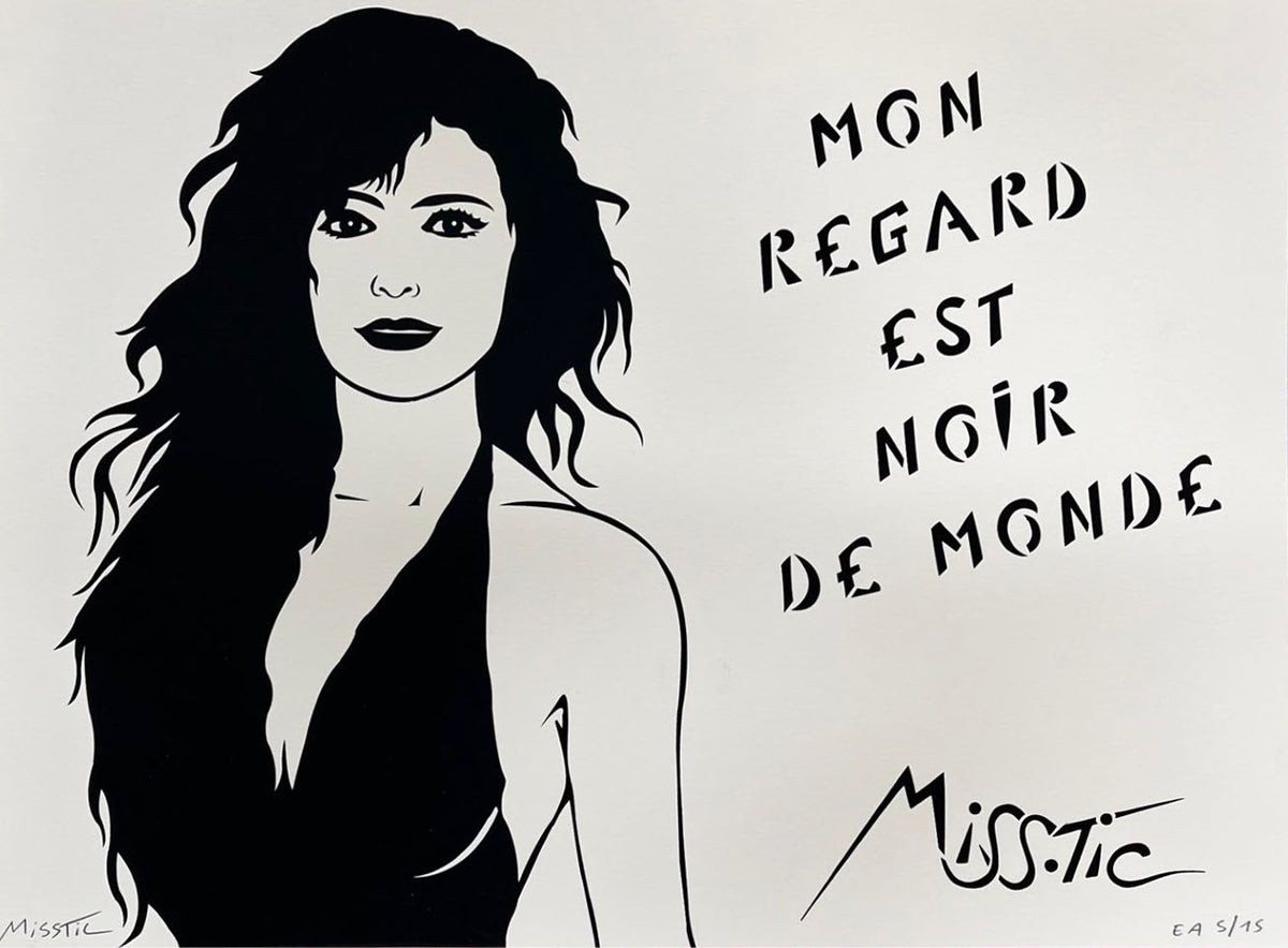 Serigraphie figuratif petit format noir MON REGARD EST NOIR DE MONDE EA – MISS TIC – 40 × 30 cm