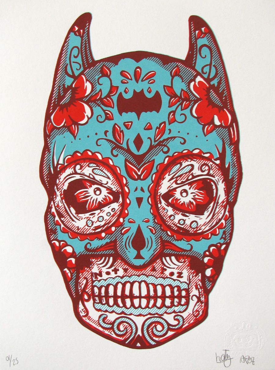 Serigraphie figuratif petit format rouge EL MURCIELAGO PILULE BLEUE – NOTY AROZ – 30 × 40 cm