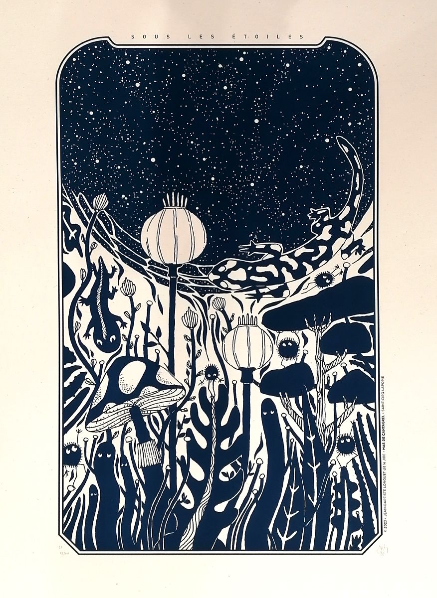 Serigraphie graphique moyen format blanc et bleu SOUS LES ETOILES Regular – JIBE – 50 × 70 cm