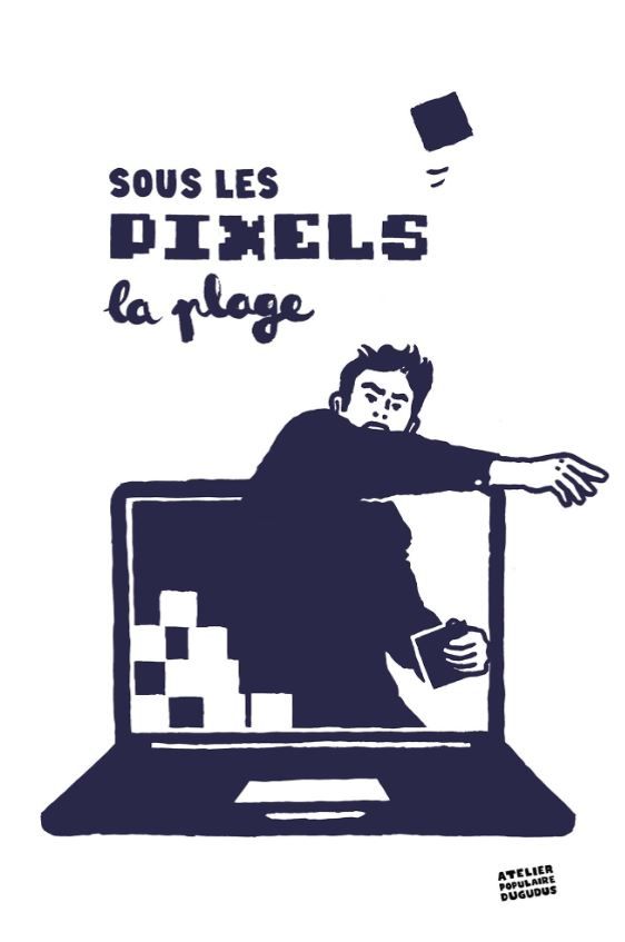 Serigraphie graphique moyen format bleu SOUS LES PIXELS LA PLAGE – DUGUDUS – 50 × 70 cm