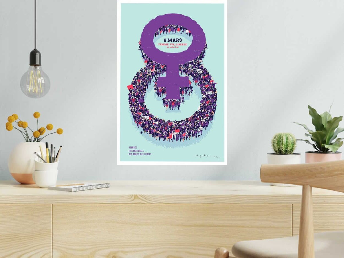 Serigraphie 8 MARS FEMME VIE LIBERTE de DUGUDUS dans un intérieur – 40 × 60 cm