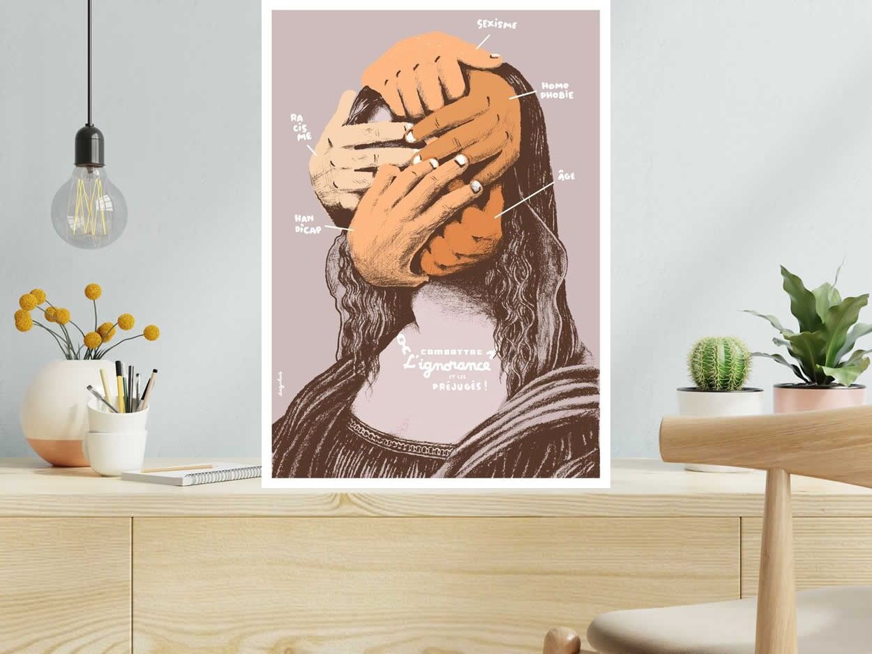 Serigraphie COMBATTRE L'IGNORANCE de DUGUDUS dans un intérieur – 50 × 70 cm