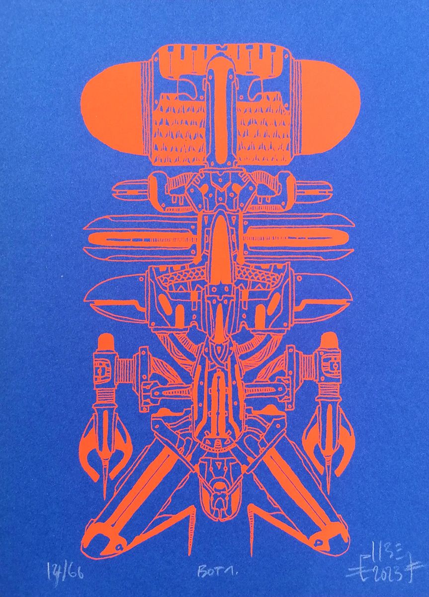 Serigraphie graphique petit format bleu et orange BOT 1 – JIBE – 15 × 21 cm