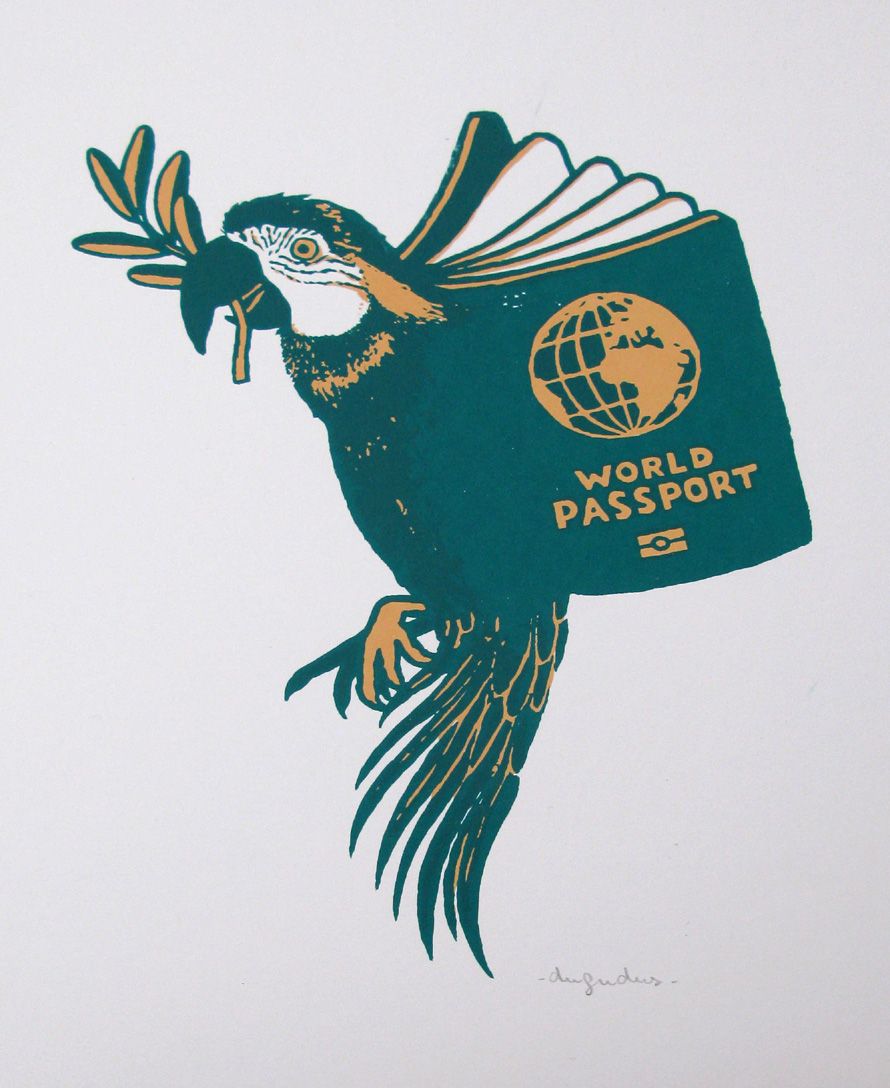 Serigraphie graphique petit format vert WORLD PASSPORT – DUGUDUS – 21 × 29 cm