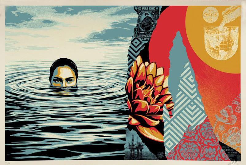 Serigraphie street art moyen format bleu et rouge Ominous Ripples – OBEY : SHEPARD FAIREY – 61 × 92 cm