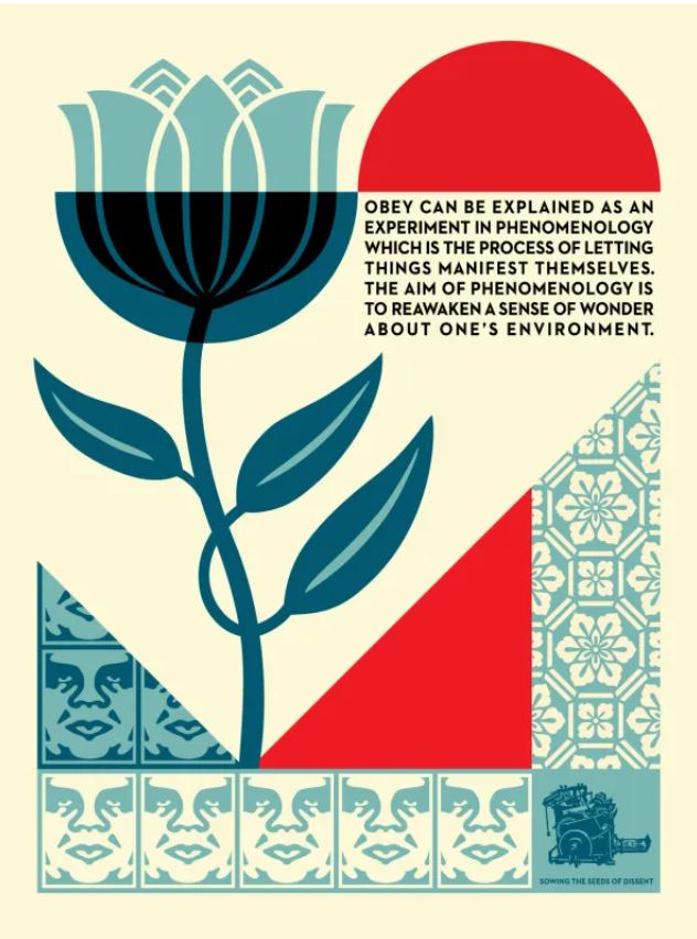 Serigraphie street art moyen format bleu et rouge Phenomenology in Bloom – OBEY : SHEPARD FAIREY – 61 × 46 cm