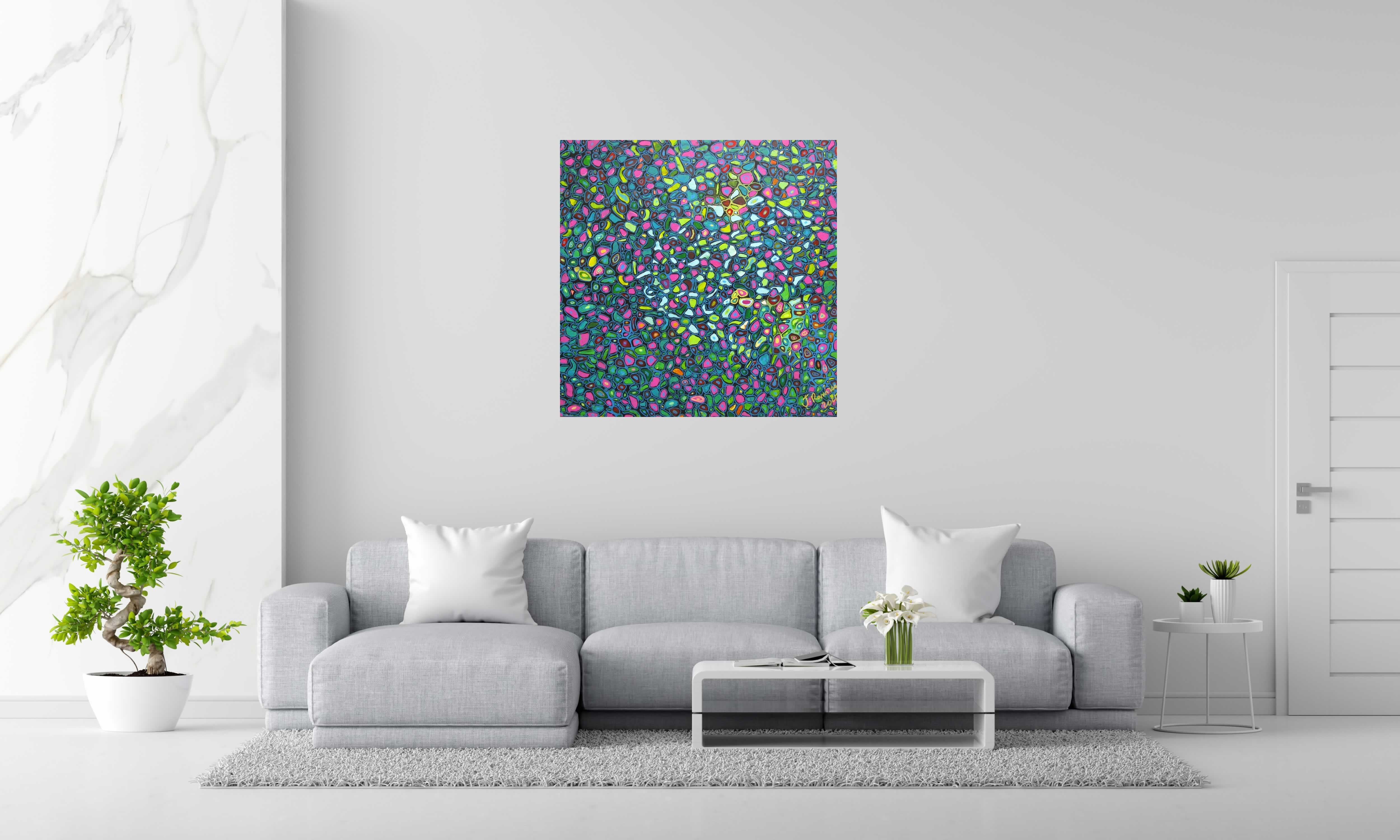 Tableau MICROMONDE 1 de JAVIER RAMIREZ dans un intérieur – 100 × 100 cm