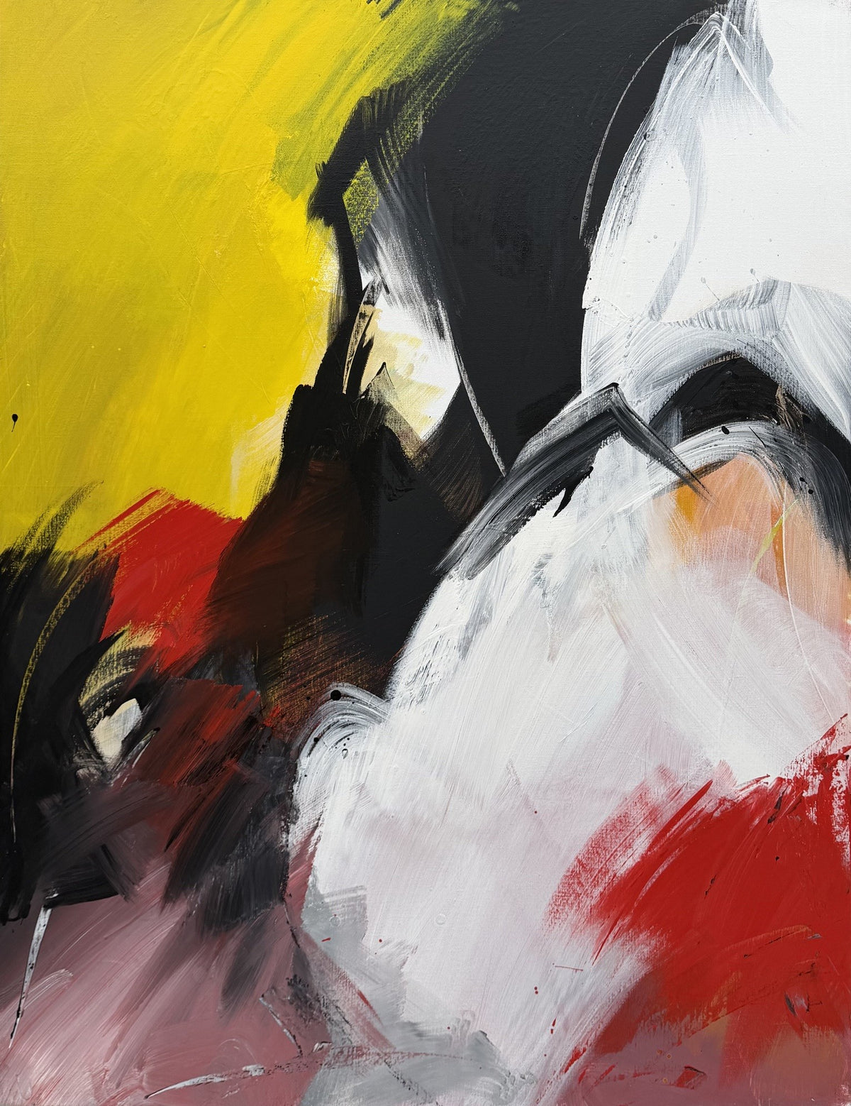 Tableau abstrait grand format de JM Barrois, acrylique sur toile, tons noir et ocre, 89 x 116 cm
