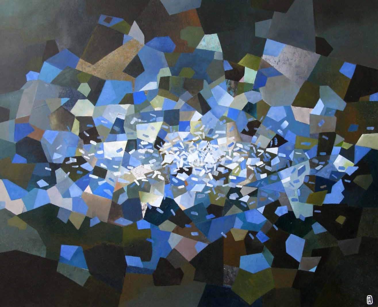 Tableau abstrait grande taille bleu TROPIQUE  DU CANCER – N MAFFRE – 89 × 116 cm