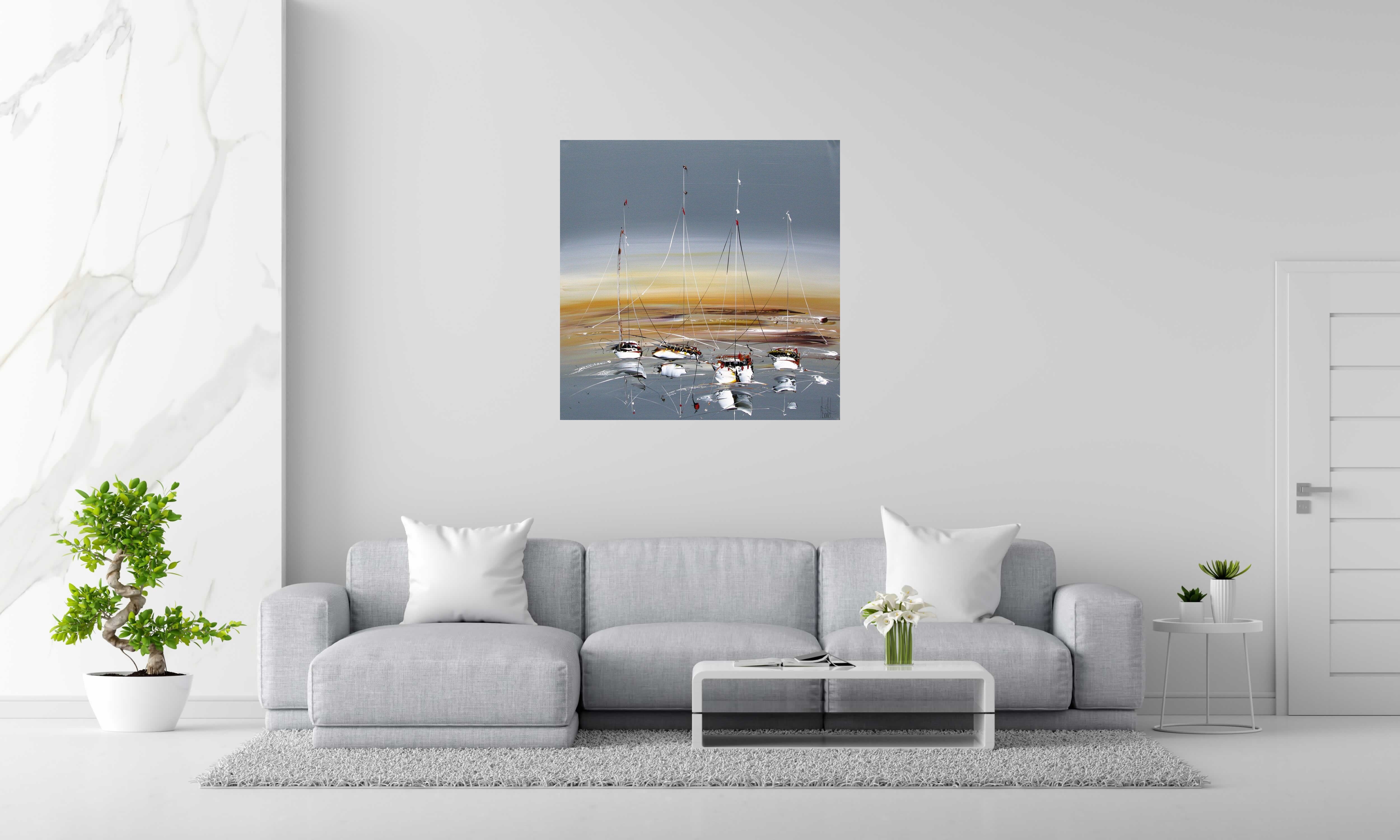 Tableau MARINE ABSTRAITE 2022-14 de F. BOUTET dans un intérieur – 100 × 100 cm