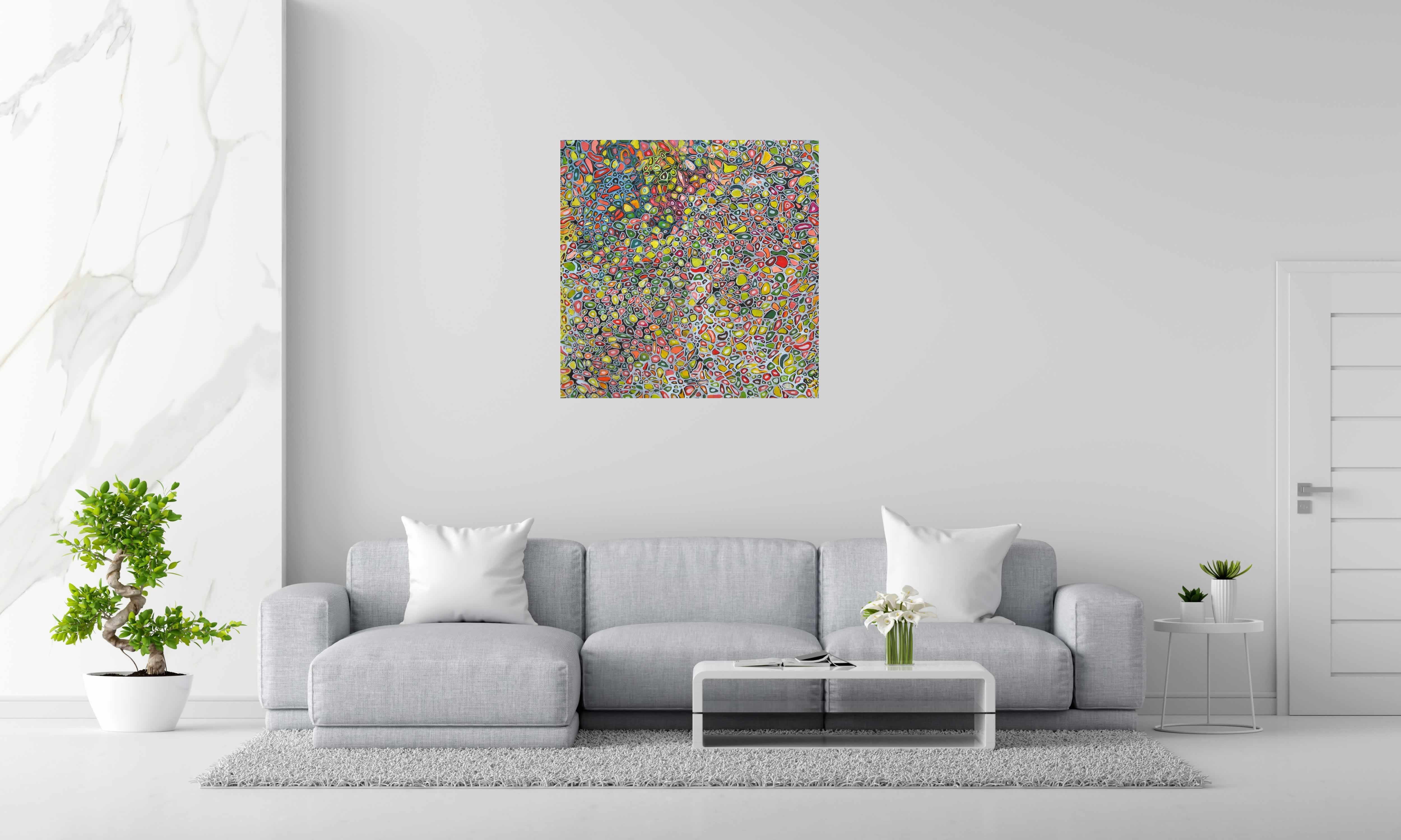 Tableau MICROMONDE 4 de JAVIER RAMIREZ dans un intérieur – 100 × 100 cm