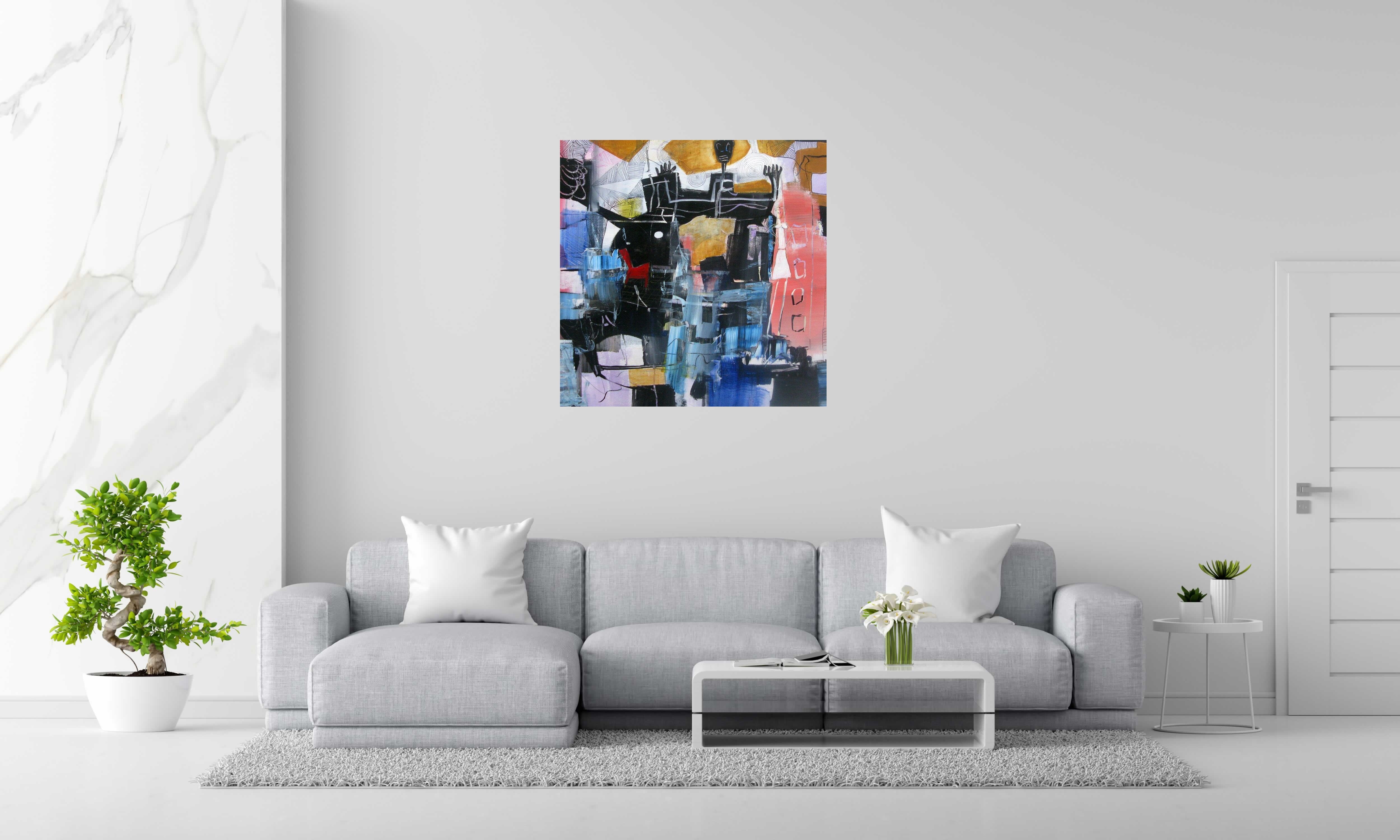 Tableau PENSEES IMBRIQUEE 2 de JIHEM dans un intérieur – 100 × 100 cm