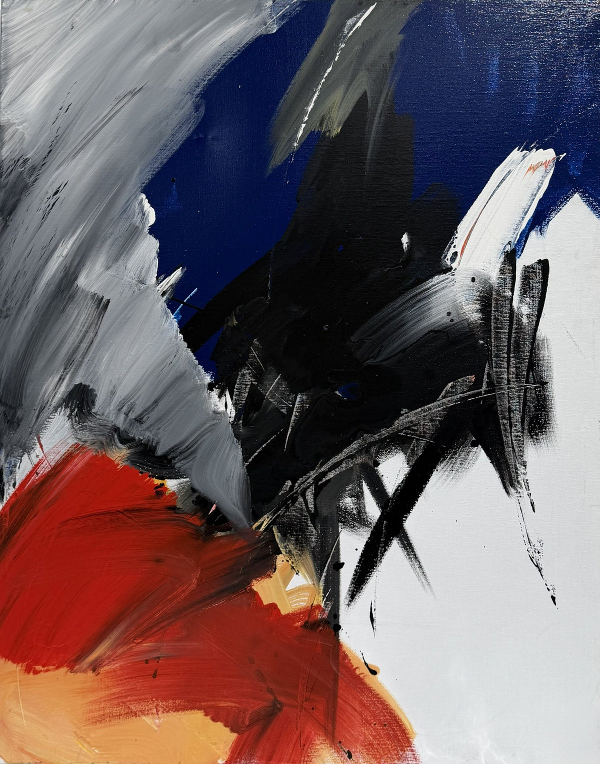 Tableau abstrait acrylique rouge et bleu sur toile, grand format, par JM Barrois
