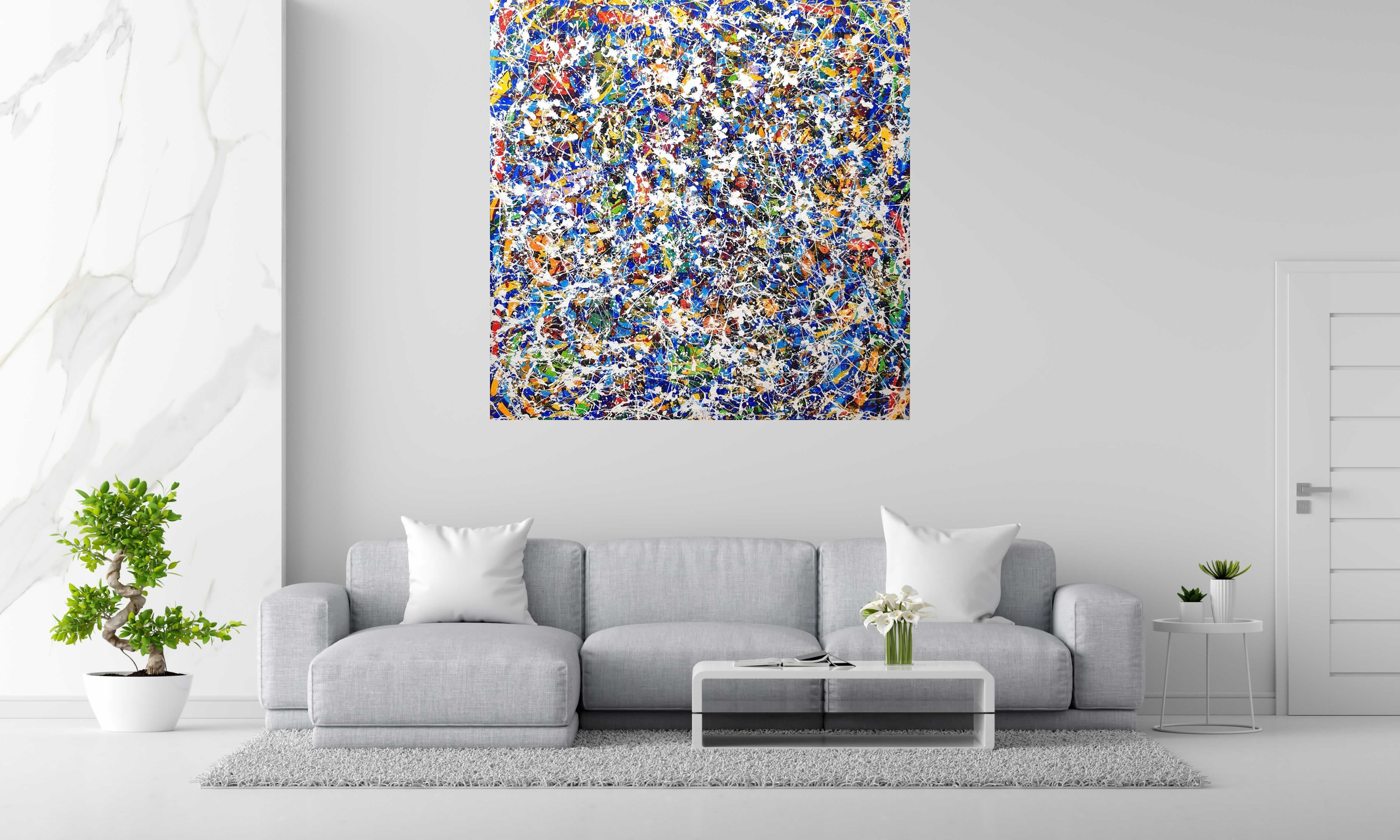 Tableau NONAME LES FRONTIERES BLANCHES 2017 de STEPHANE RIME dans un intérieur – 150 × 150 cm